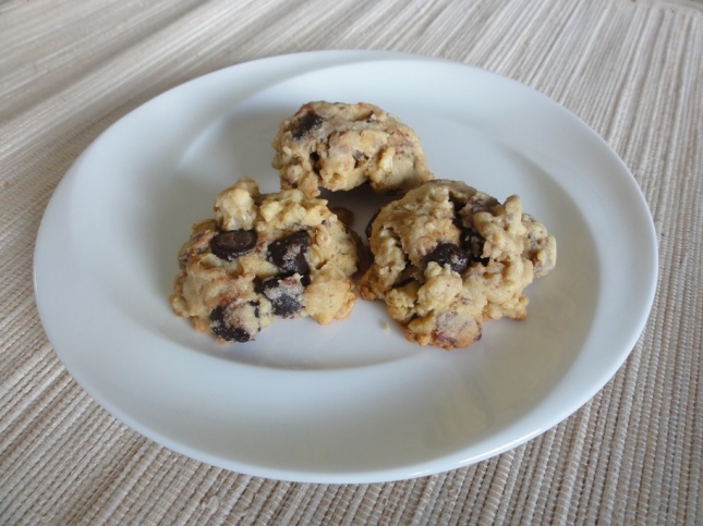 Baked frozen oat chocolate chip cookies on a plate