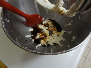Maple syrup added to sugar and butter