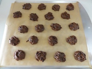 Double chocolate tahini cookies on a baking sheet
