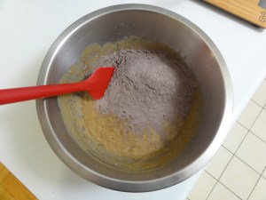Dry ingredients added to wet ingredients