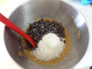 Brownie batter with coconut and chocolate chips